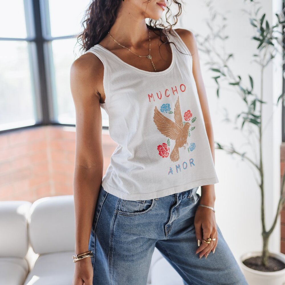 Mucho Amor Graphic Tank Top Dove Print Boho Cotton Tank NWT